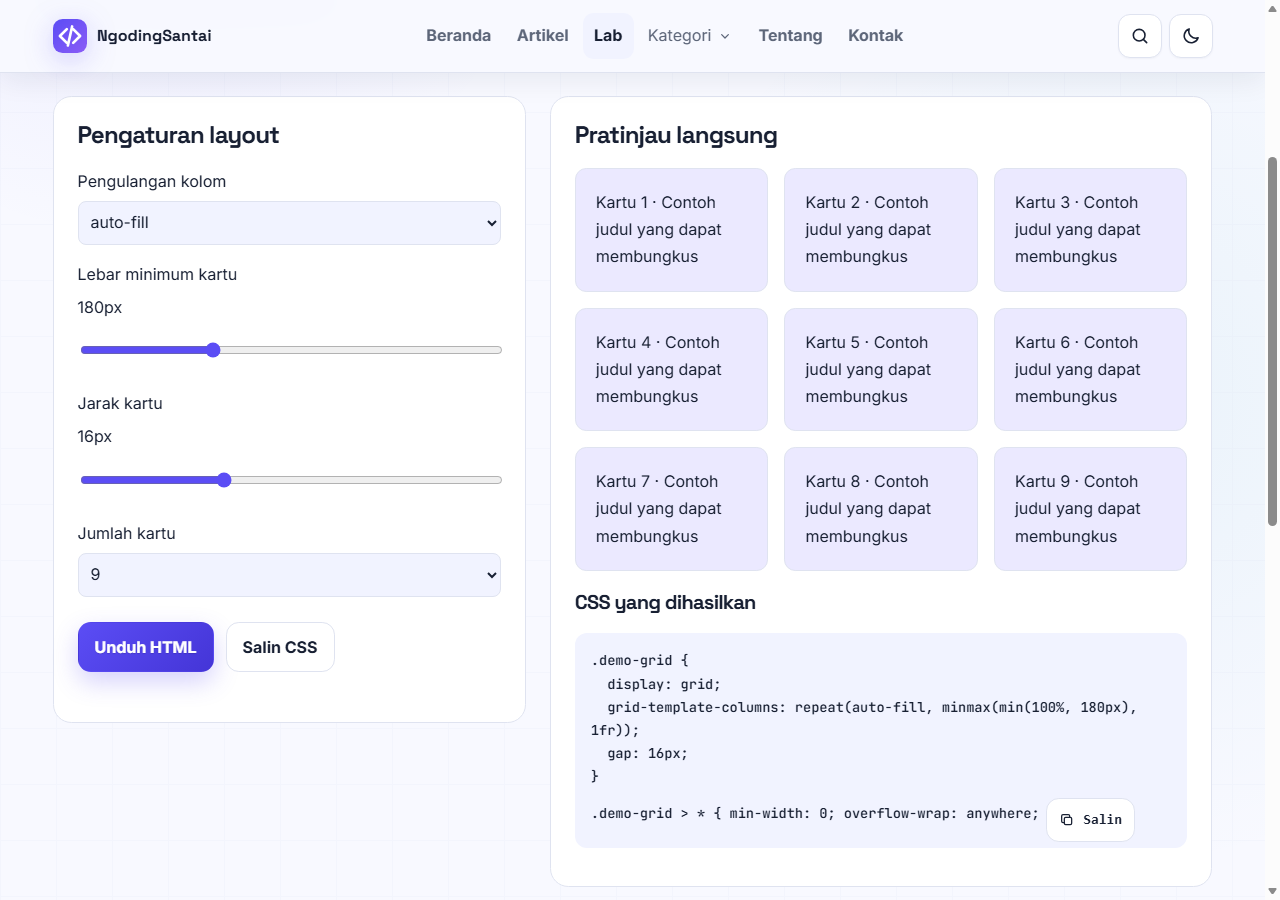 Tangkapan browser alat playground-grid di Lab Frontend NgodingSantai